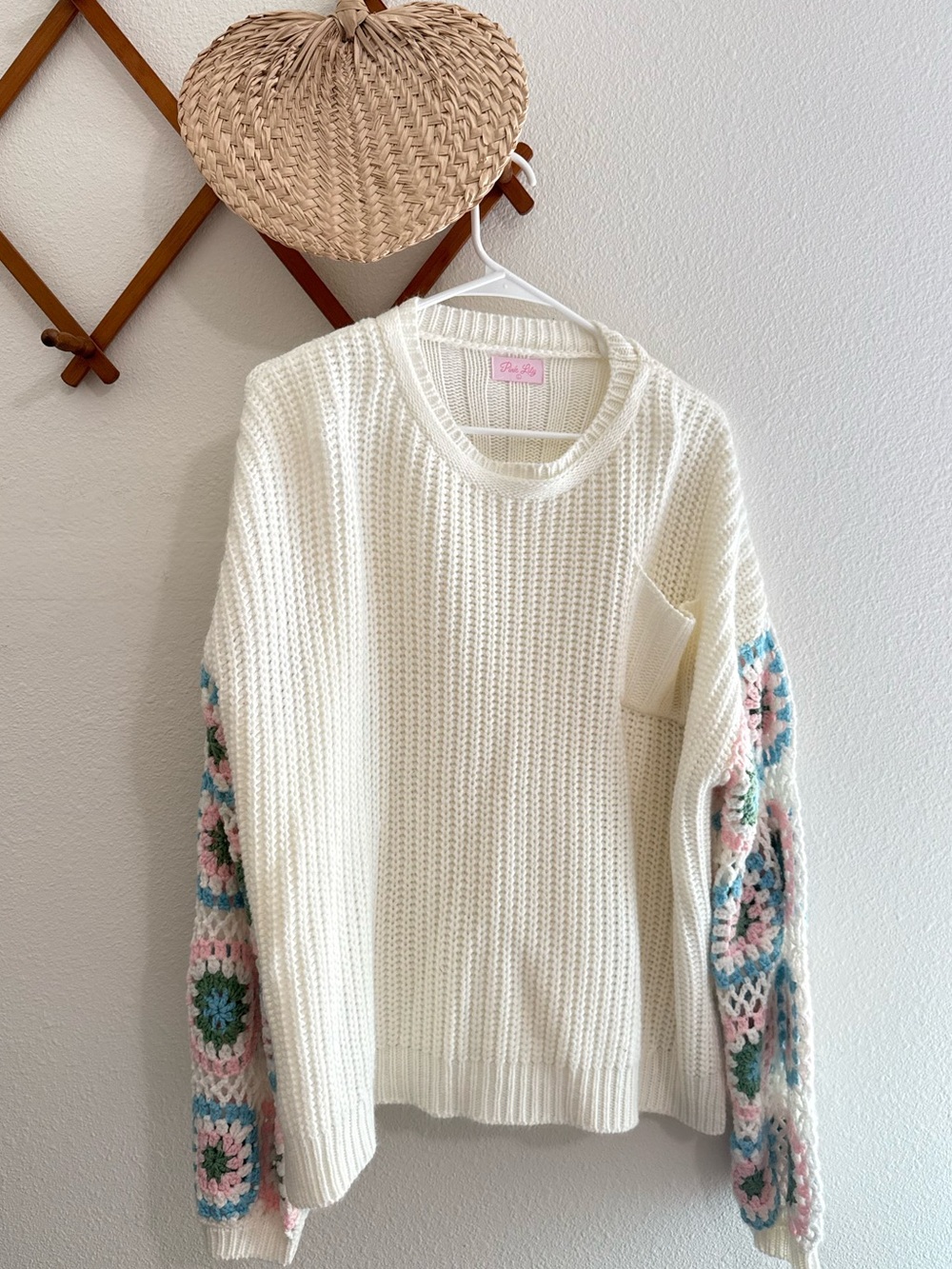 Pink Lily Cream Crewneck Sweater with Pastel Crochet Sleeves